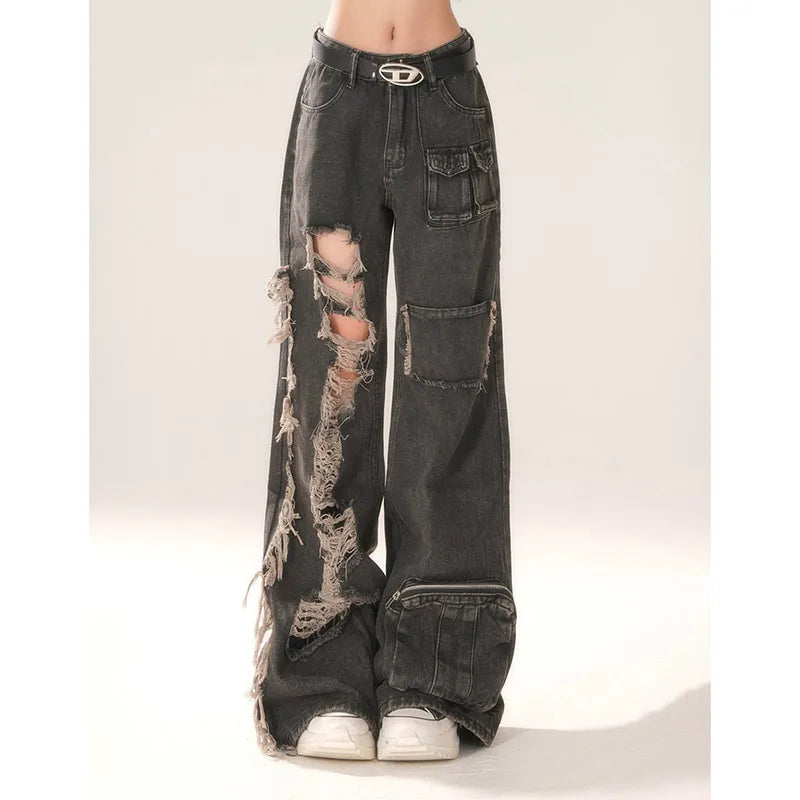 High Waist Ripped Women's Black Jeans Hip-hop Style Fashion Vintage Streetwear Y2K Wide Leg Jean 2026 Trouser Baggy Denim Pants
